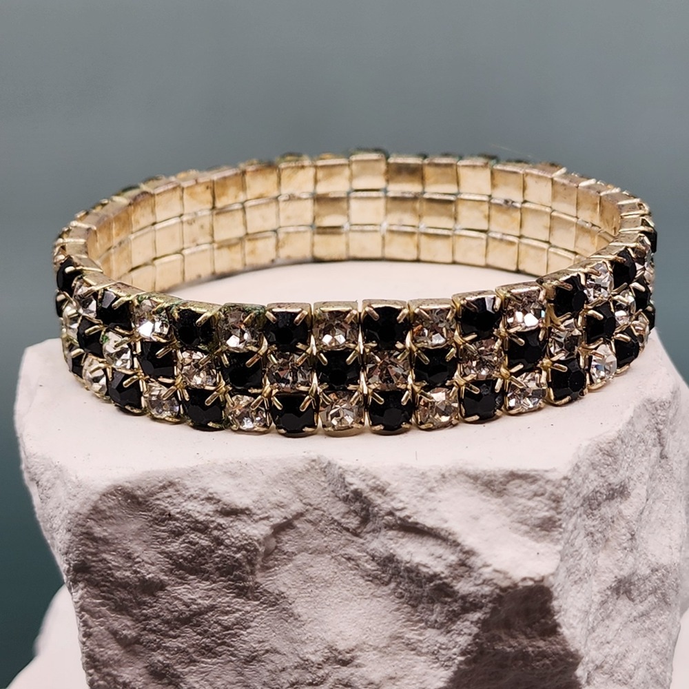 Vintage Gold Tone Black Clear Rhinestone 3 Row Stretch Bracelet Glam Jewelry